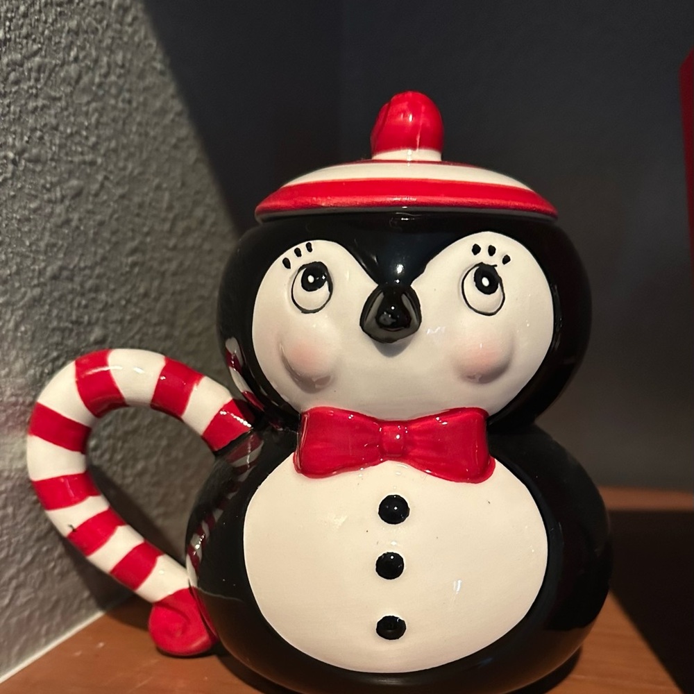 Festive Penguin Ceramic Mug with Red and Black Accents